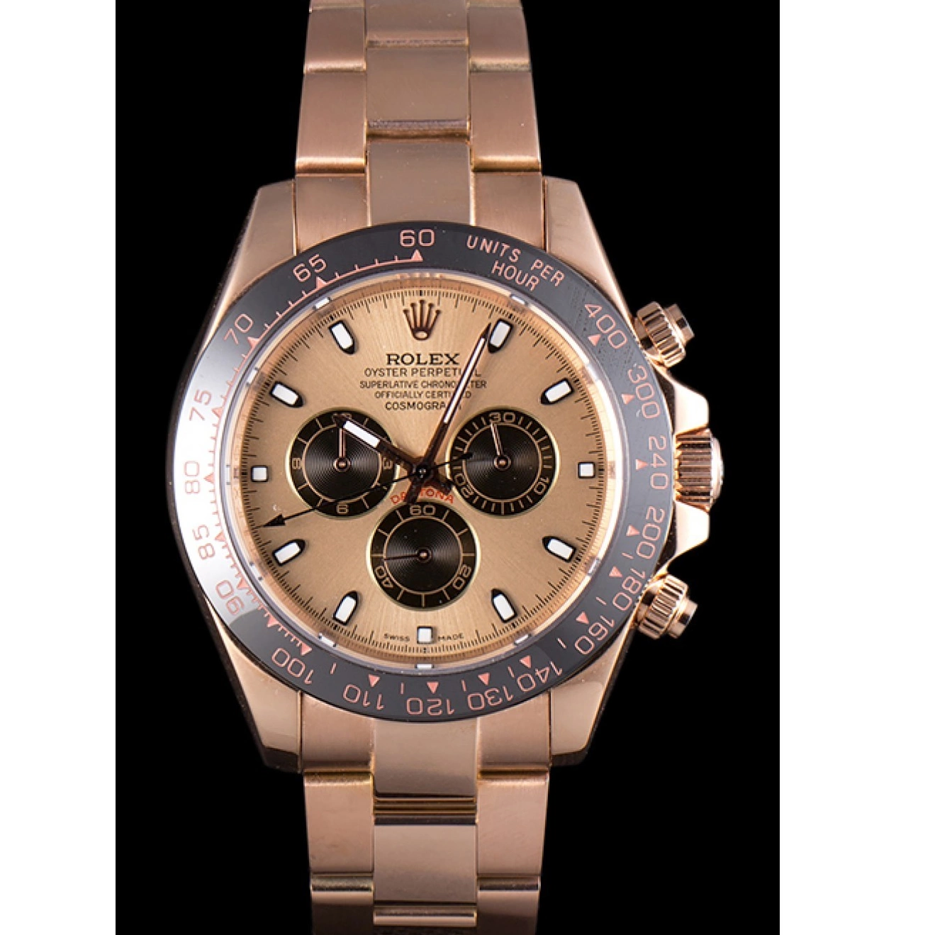 Aaa replica watch Plated Rose Gold Tachymeter Gold Ion Dial Daytona Strap Rolex Rose 80244 0716